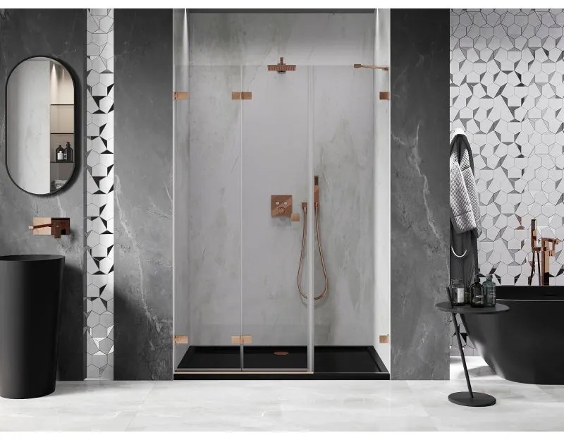 Mexen Lunar-F, skladacie ľavé sprchové dvere 140 cm, 8mm číre sklo, medený matný profil, 836S-140-050-65-00-L