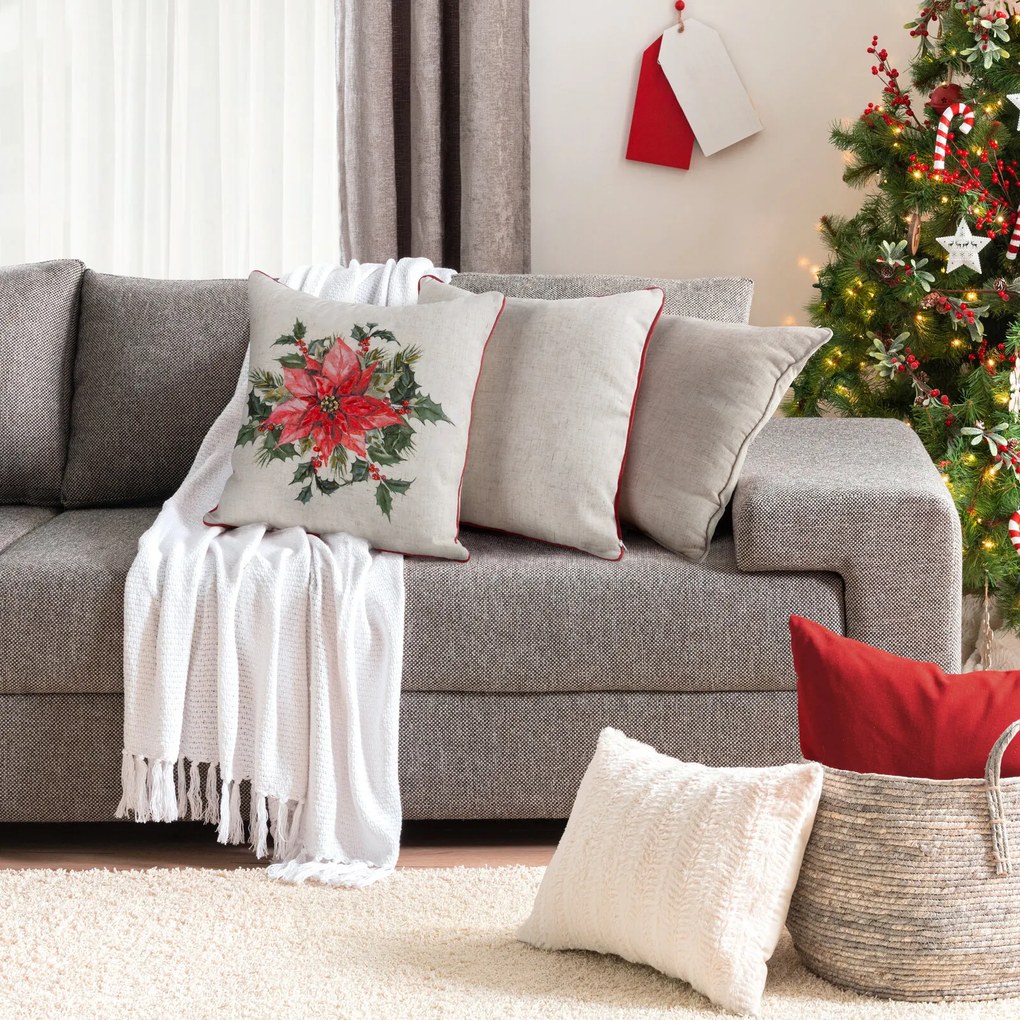 VIANOČNÁ DEKORAČNÁ OBLIEČKA NA VANKÚŠ POINSETTIA 45X45 CM VZOROVANÁ