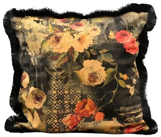 Čierny zamatový vankúš so kvetmi a strapcami Dans - 45*45cm