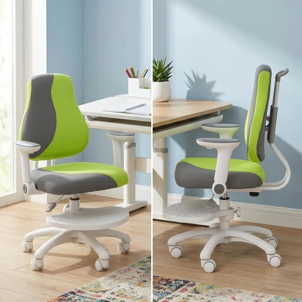 Detská rastúca stolička Neoseat KINDER WHITE PLUS — látka, šedá / zelená