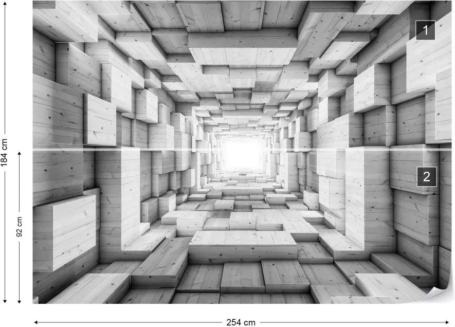 GLIX Fototapeta - 3D Wood Tunnel Optical Illusion Black And White Vliesová tapeta  - 254x184 cm