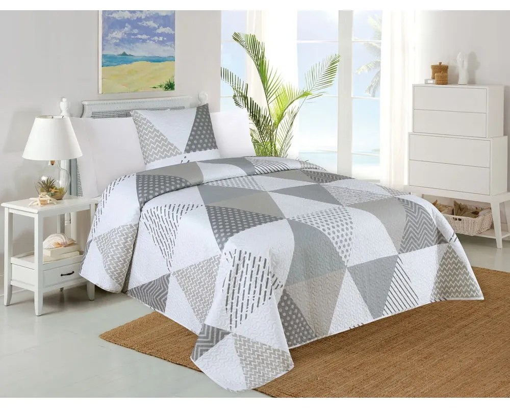 Bielo-sivá prešívaná súprava plédu a obliečky na vankúš 140x220 cm Terez – My House