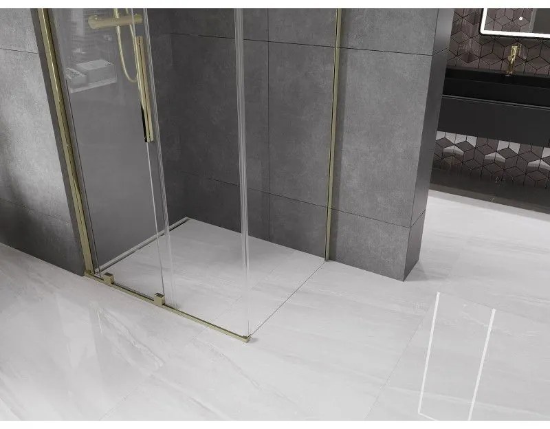 Mexen Velar, sprchový kút s posuvnými dverami 90(dvere) x 120(stena) cm, 8mm číre sklo, zlatá lesklá, 871-090-120-01-50