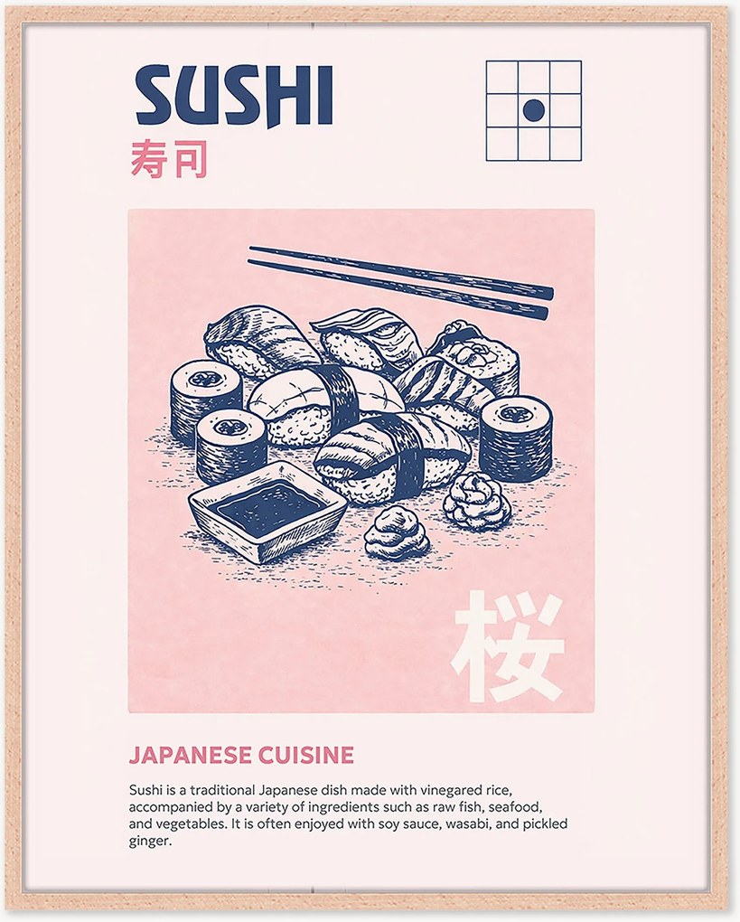 Ručne vyrobená nástenná dekorácia v ráme Sushi