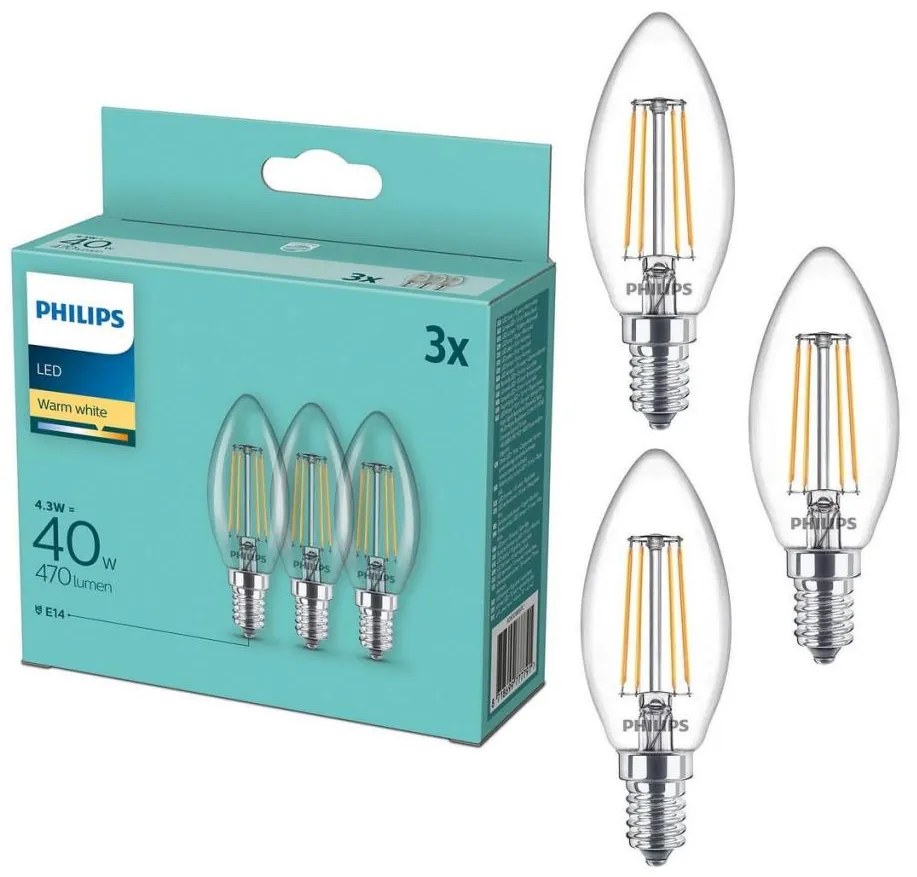 SADA 3x LED Žiarovka Philips B35 E14/4,3W/230V 2700K