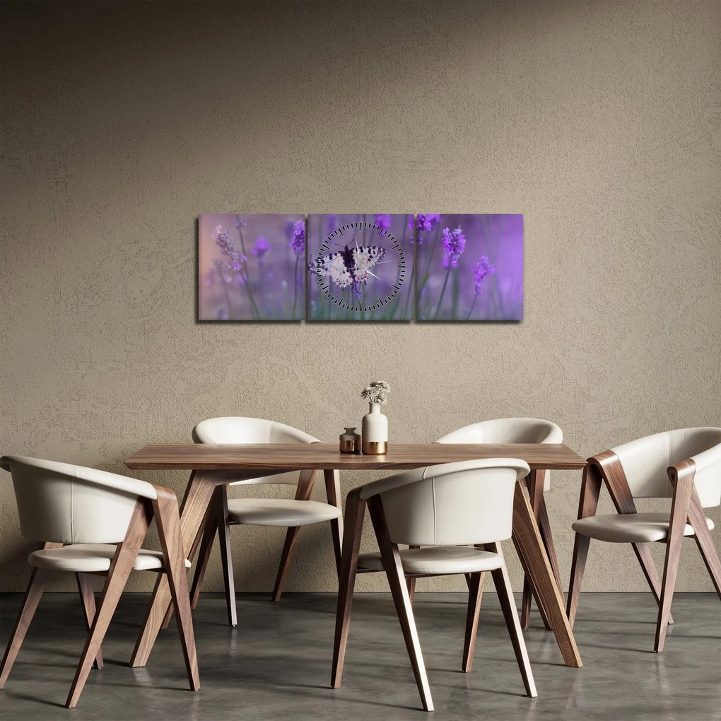 Obraz - Motýľ v levanduli (s hodinami) (90x30 cm)