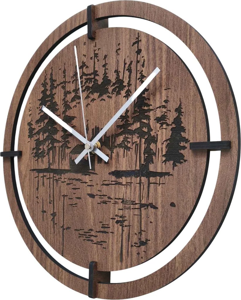 Drevené nástenné hodiny – originálny motív ihličnatého lesa| RENT: HDF - Javor 30 cm 4803-115421 HDF0701-ruky-silver