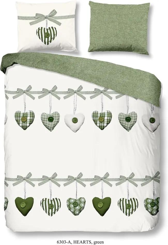 Zeleno-biele obliečky na dvojlôžko z bavlny Good Morning Hearts, 200 × 200 cm