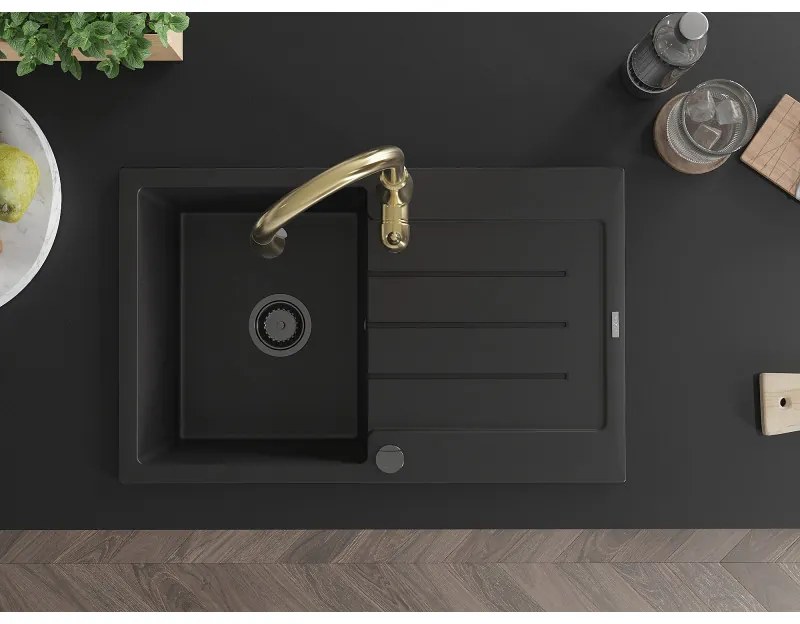 Mexen Bruno, 1-komorový granitový drez 795x495x200 mm a drezová batéria Savita, čierna, 6513-77-672601-50-B