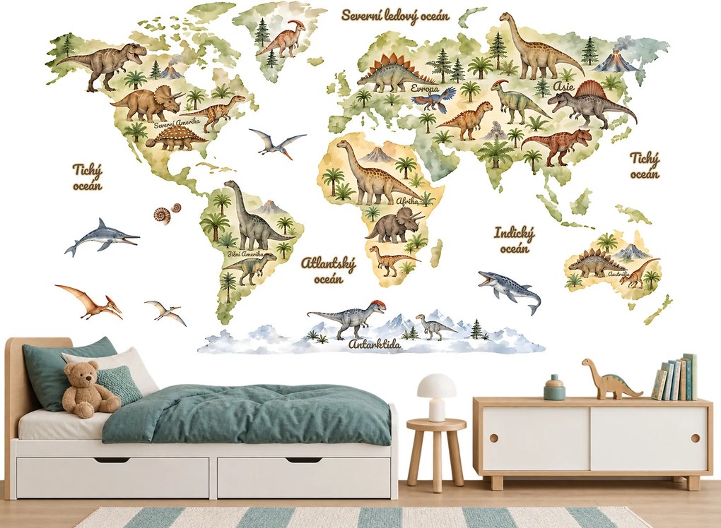 Akvarelová mapa sveta s dinosaurmi prelepiteľné nálepky na stenu výsledný rozmer 109 x 62 cm