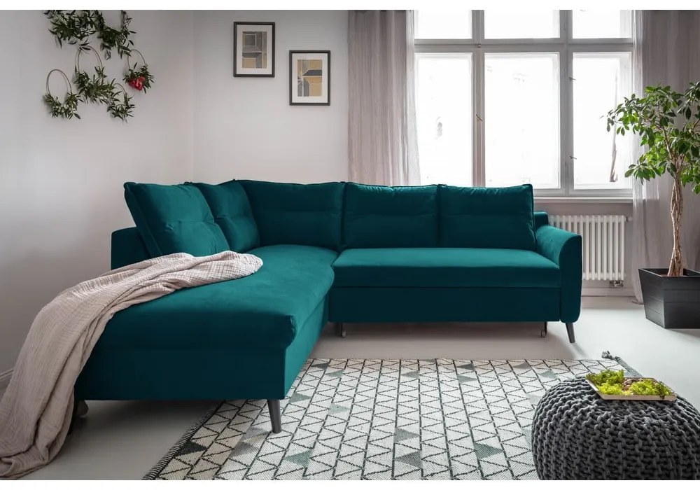 Tyrkysovomodrá zamatová rozkladacia rohová pohovka Miuform Stylish Stan L, ľavý roh