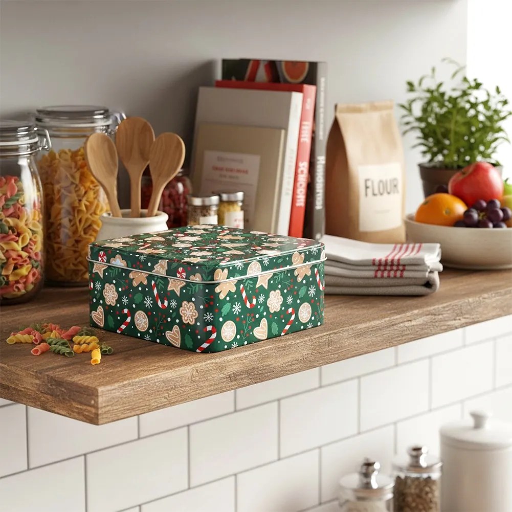VILDE Plechová dóza na cukrovinky / sušienky, vianočný motív, 15 x 15 x 6,5 cm