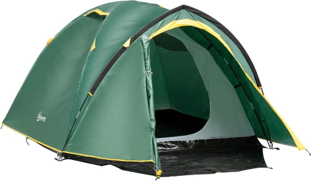 Outsunny stan pre 2 osoby 190T s kolíkmi, kupolový stan z sklolaminátu a polyesteru Zelená+Žltá 325 x 183 x 130 cm | Aosom