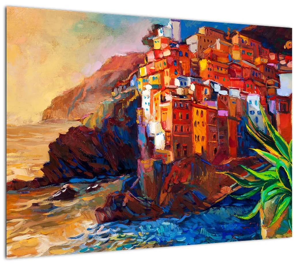 Sklenený obraz - Dedina na pobreží Cinque Terre, Talianska riviéra, moderný impresionizmus (70x50 cm)