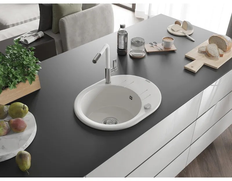 Mexen Kevin, 1-komorový granitový drez 586x458x190 mm a drezová batéria Flora, biela, 6517-20-670401-02