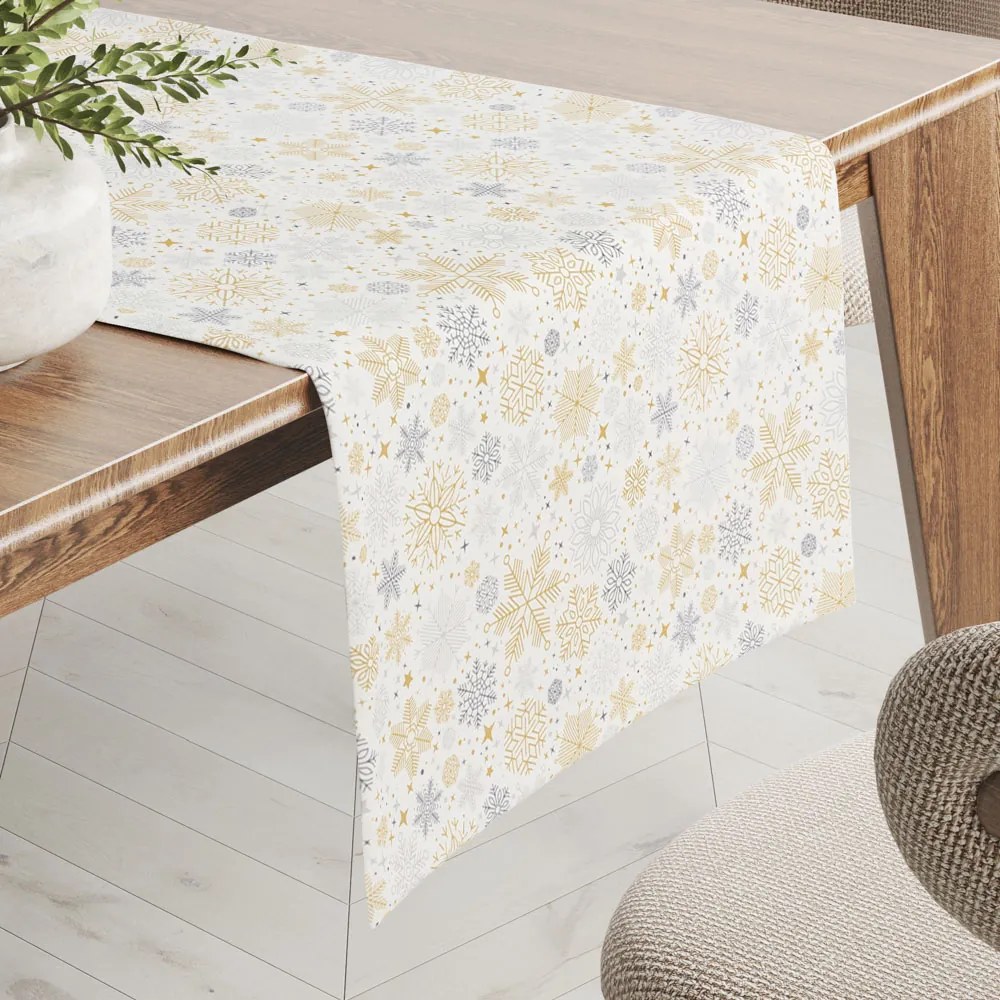 Biante Saténový behúň na stôl LUP-505 Zlato-strieborné vločky na bielom 35x120 cm