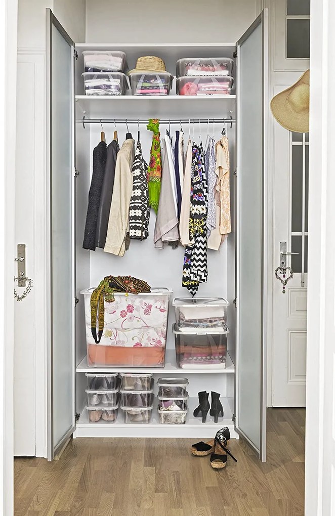 Sada 4 kusov úložných boxov s vekom, Rotho LONA, 58x39x17 (29l) SADA