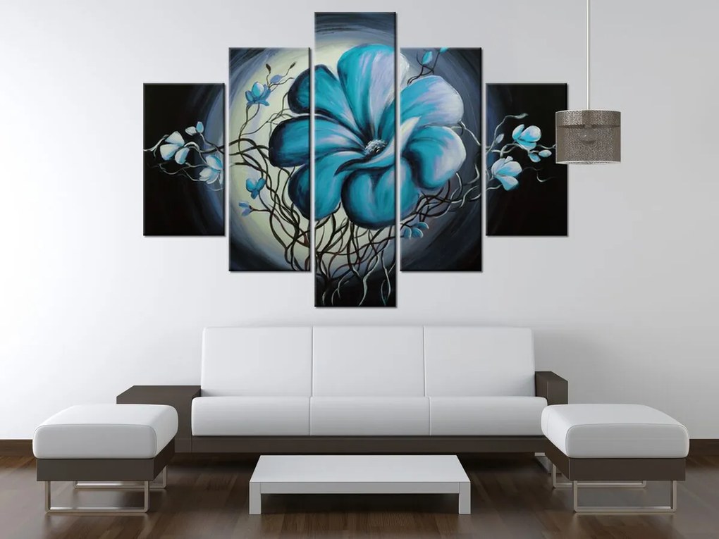 Gario Ručne maľovaný obraz Modrá živá krása - 5 dielny Rozmery: 150 x 70 cm