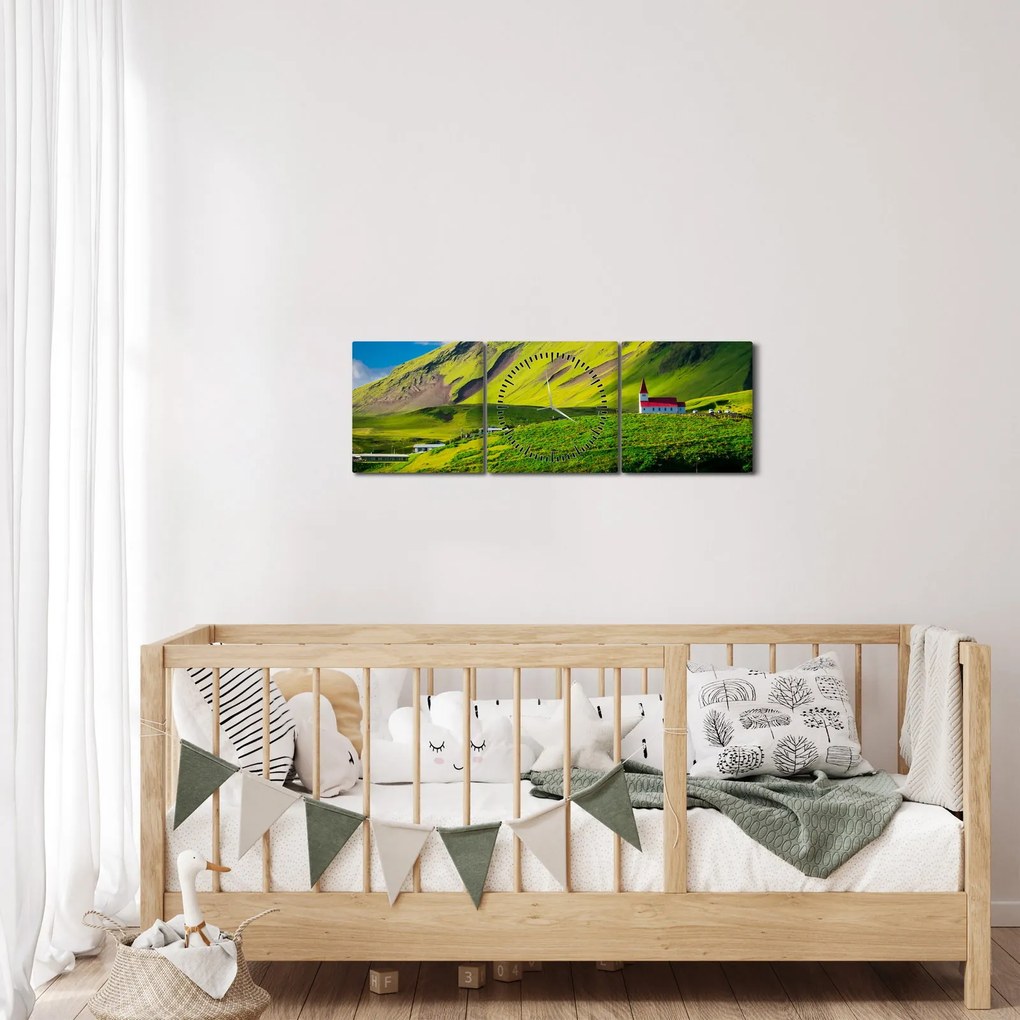 Obraz horskej krajiny (s hodinami) (90x30 cm)