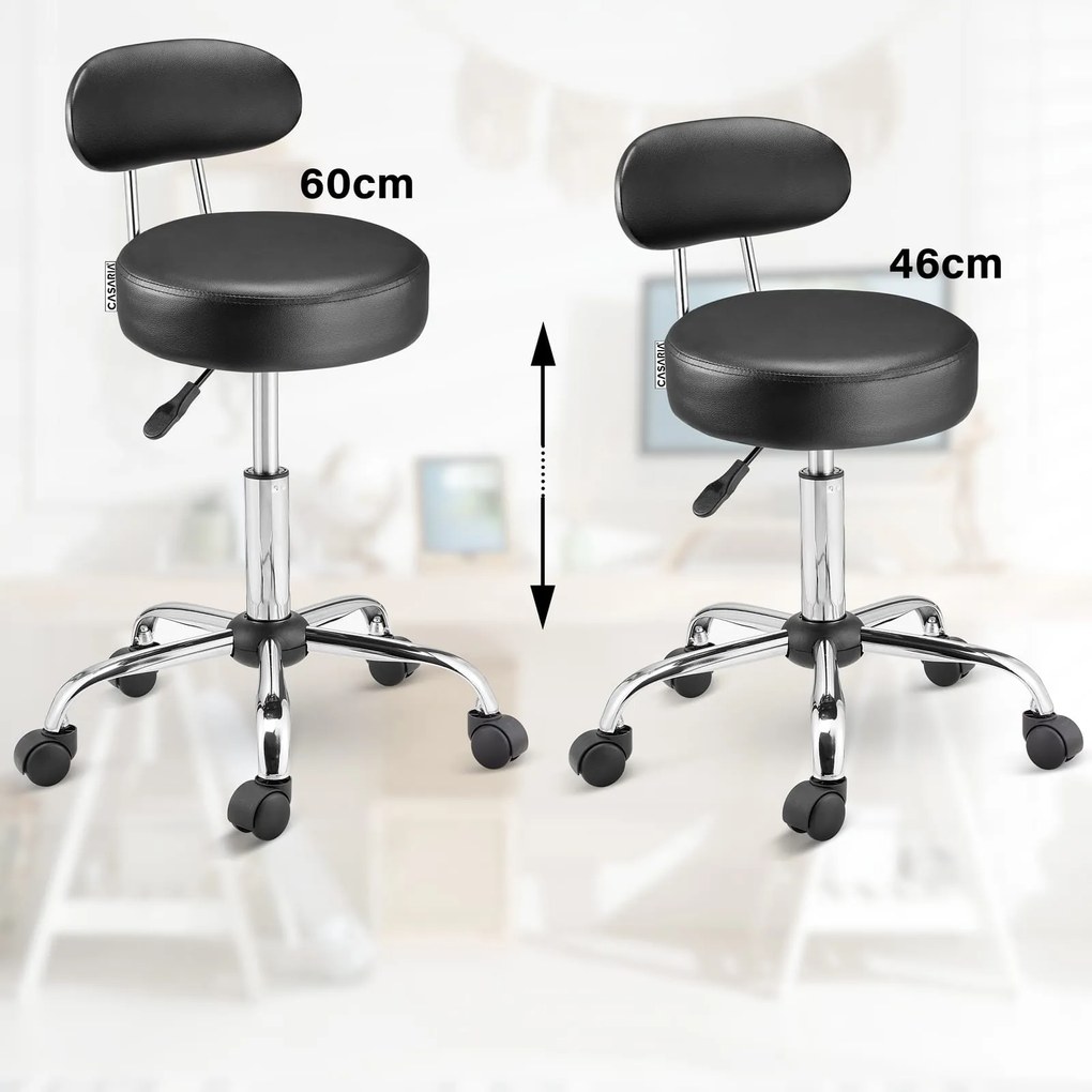 Taburetka na kolieskach s operadlom ROLAND, Ø35cm, čierna Casaria