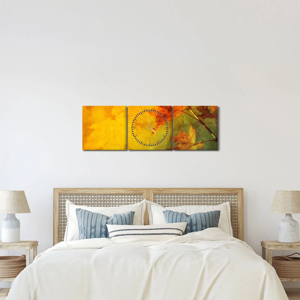 Obraz - Jesenné listy (s hodinami) (90x30 cm)