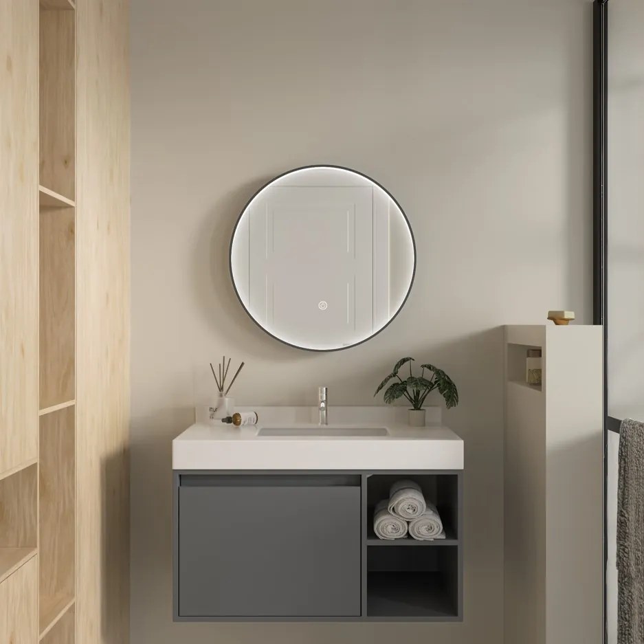 Erga Charlotte, okrúhle LED zrkadlo 60cm, čierny kovový rám, 1380 lm, 6500K, predné bočné osvetlenie, ERG-V01-204-6060-BK