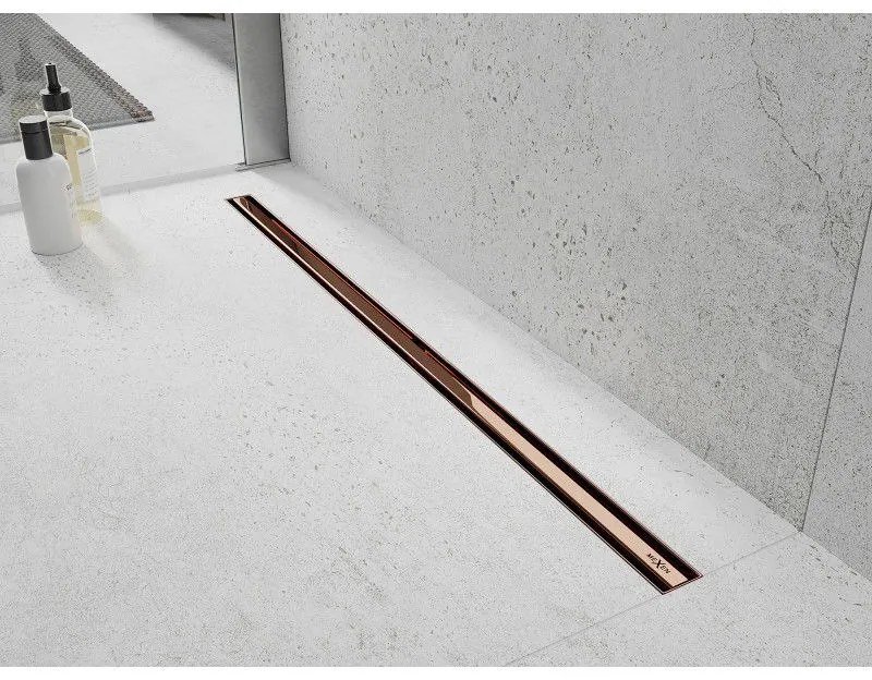 Mexen Flat nerezový sprchový žľab s rotačným 360° sifónom 90 cm, vzor SLIM, ružovo-zlatá, 1641090