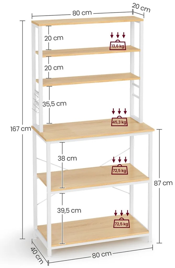 Kuchynský regál LORANO 167x80 cm, biely / dekor dub