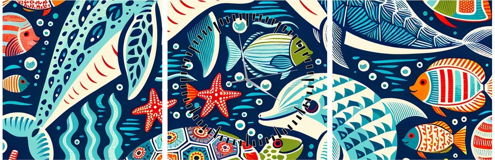 Obraz – Kreslené vodné zvieratká (s hodinami) (90x30 cm)