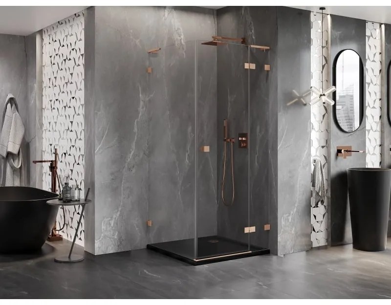 Mexen Lunar, L výklopný sprchový kút pravý 80 x 80 cm, 8mm číre sklo, profil medená matná, 834L-080-080-65-00-P