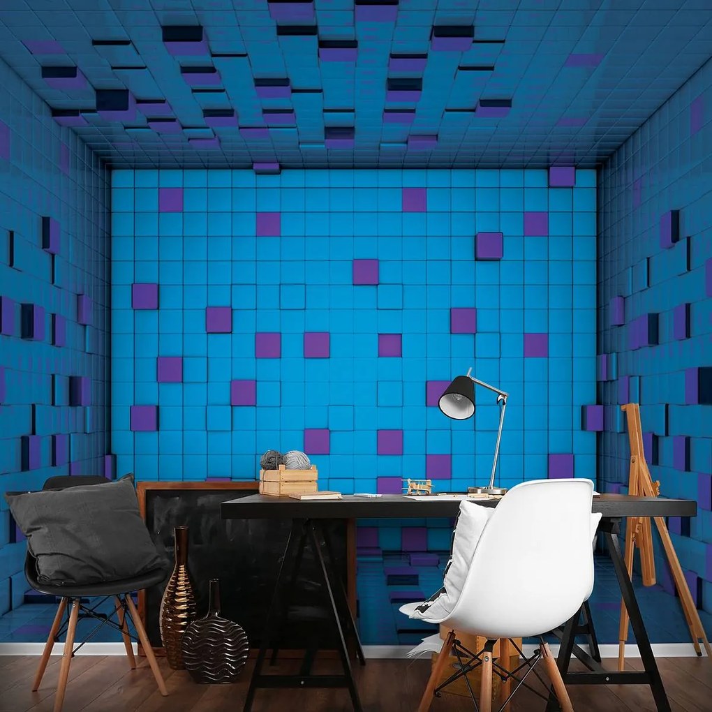 Fototapeta - 3D miestnosť z modrých kociek (152,5x104 cm)