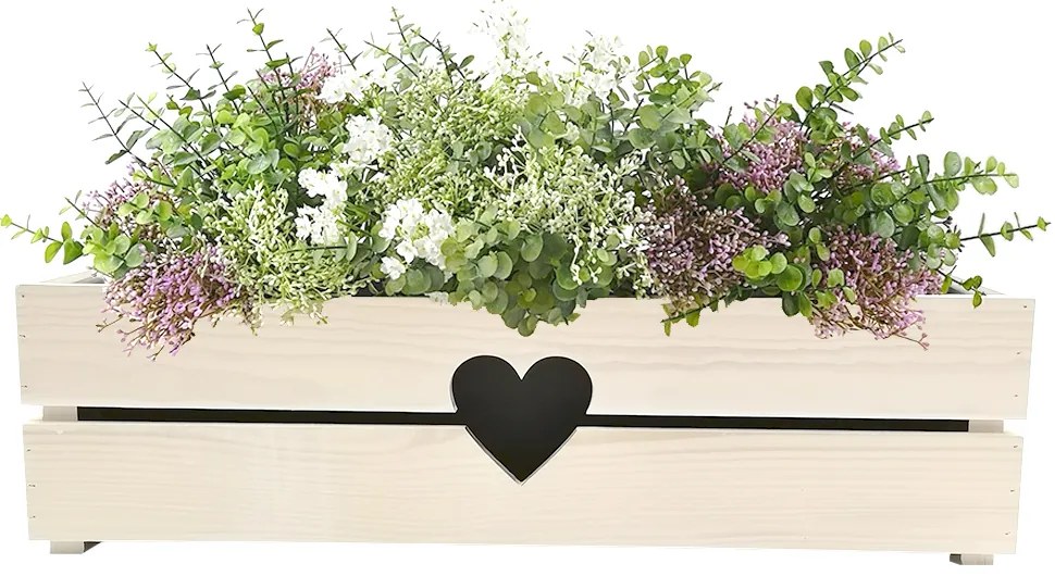 AMADEA Drevený obal na kvetináč so srdcom biely, 62x21,5x17cm Český výrobok