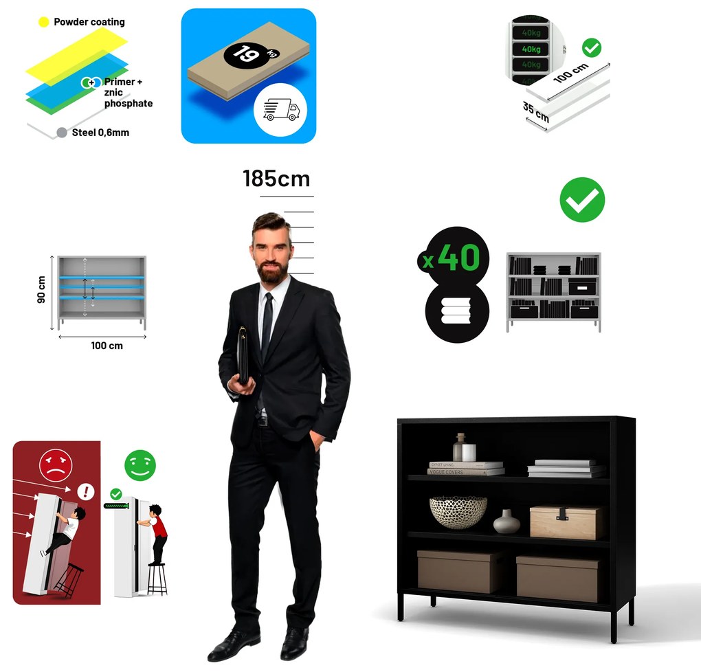 Čierny kovový regál s policami LUCA Modern 1000 x 900 x 350 mm