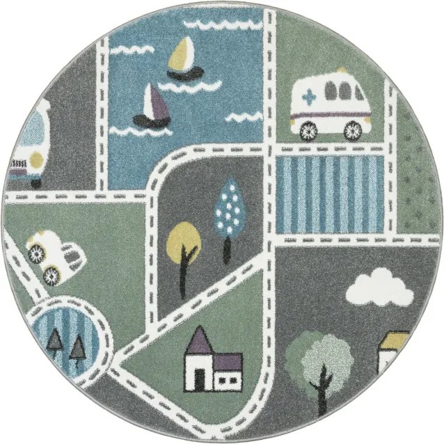 Detský koberec C262A Ulice svetlosivý / zelený / tyrkysový kruh