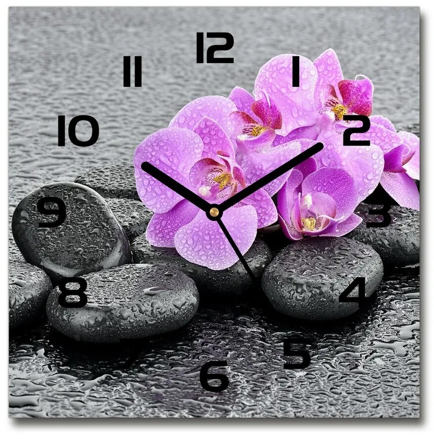 Sklenené hodiny štvorec Orchidea a kamene pl_zsk_30x30_c-f_69189175