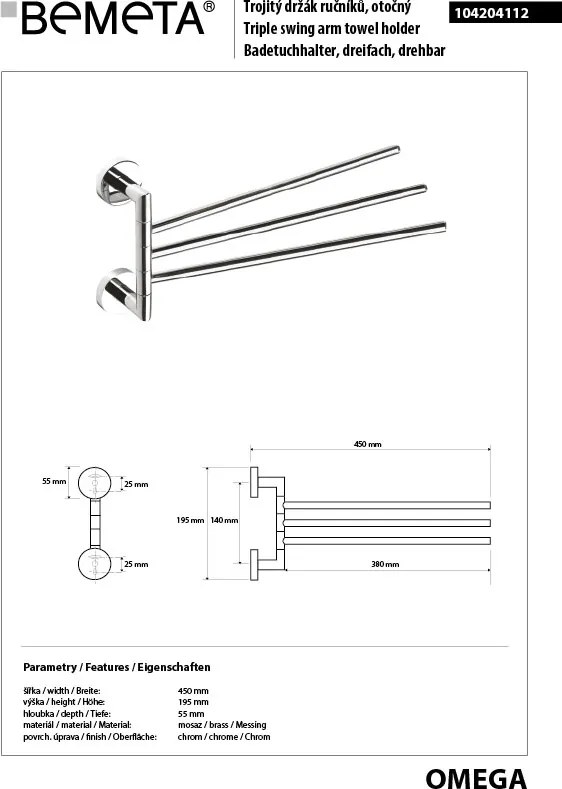 Bemeta Design OMEGA: Držiak uterákov, trojitý, otočný 450 mm - 104204112