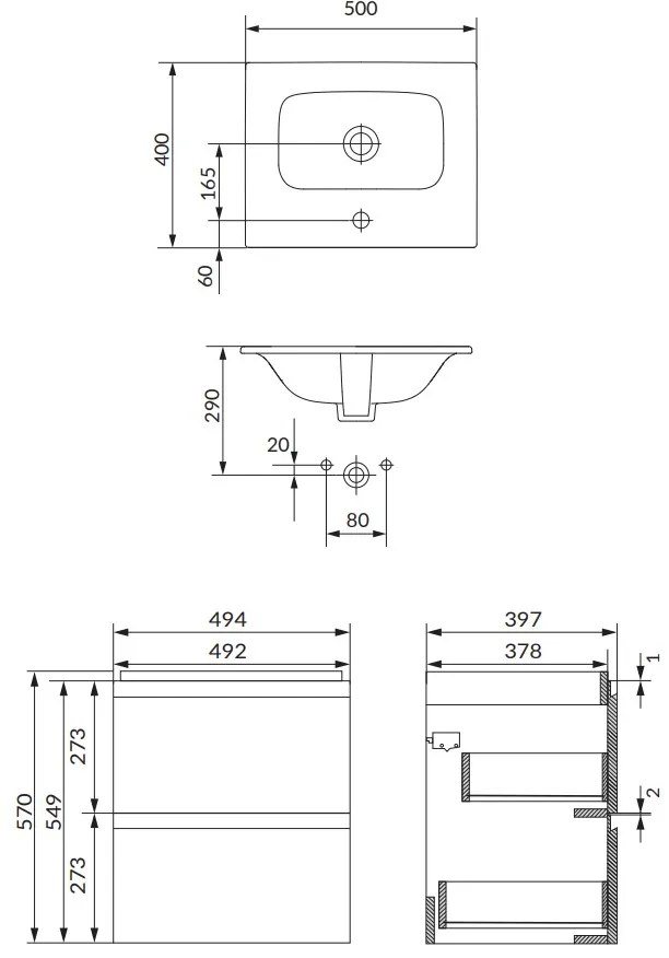 Cersanit Moduo SET, závesná skrinka 50x45x57 cm + umývadlo 50cm, antracitová matná, S801-479