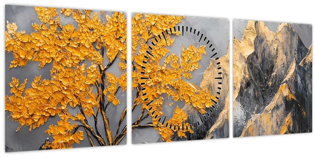 Obraz – Zlatý strom v horách (s hodinami) (90x30 cm)