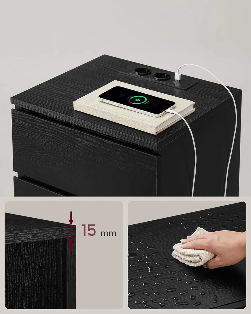 Sada 2 nočných stolíkov, 3 zásuvky, 2 AC zásuvky, 2 USB porty, čierne