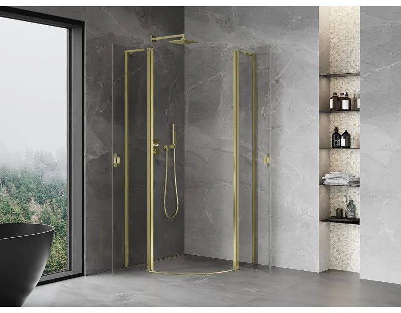 Mexen Mist L, štvrťkruhový sprchový kút s 2-krídlovými dverami, 90 x 90 cm, 8mm číre sklo, zlatý lesklý profil, 8A32L-090-090-50-00