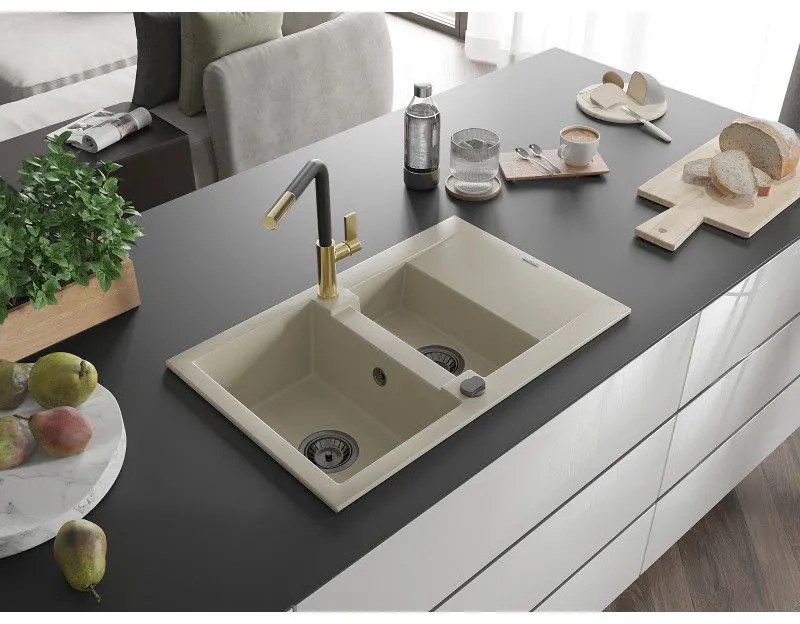 Mexen Gaspar, 1,5-komorový granitový drez 737x475x177 mm a drezová batéria Flora, béžová, 6507-69-670401-57-B