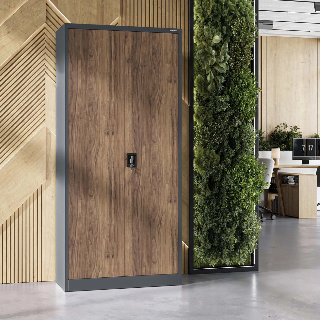 Vysoká kovová kancelárska skriňa na dokumenty, antracitová/orech, 900x1950x400 mm: JAN H Eco Design