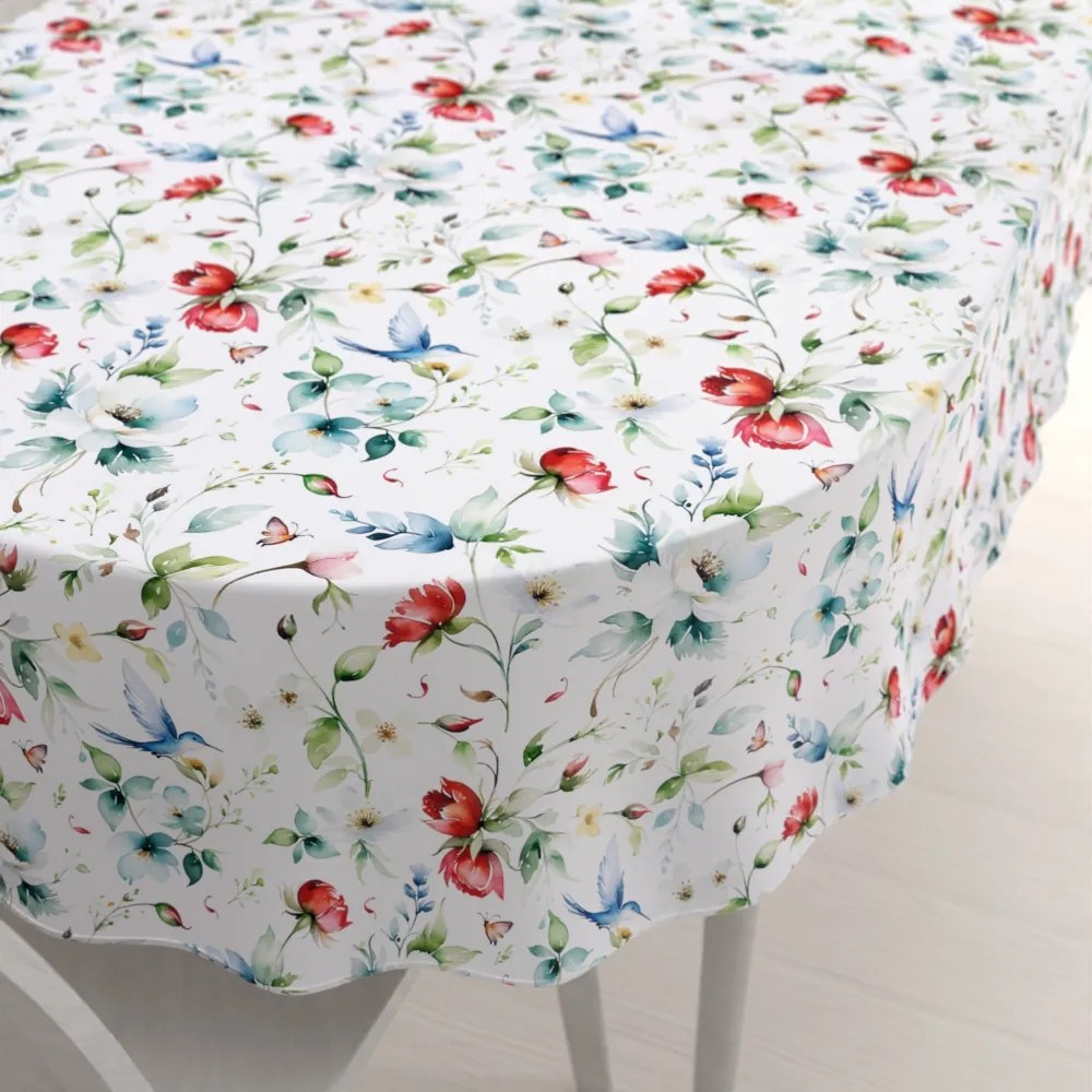 Biante Teflónový oválny obrus TF-116 Akvarelové kvety s kolibríkmi na bielom 80x120 cm