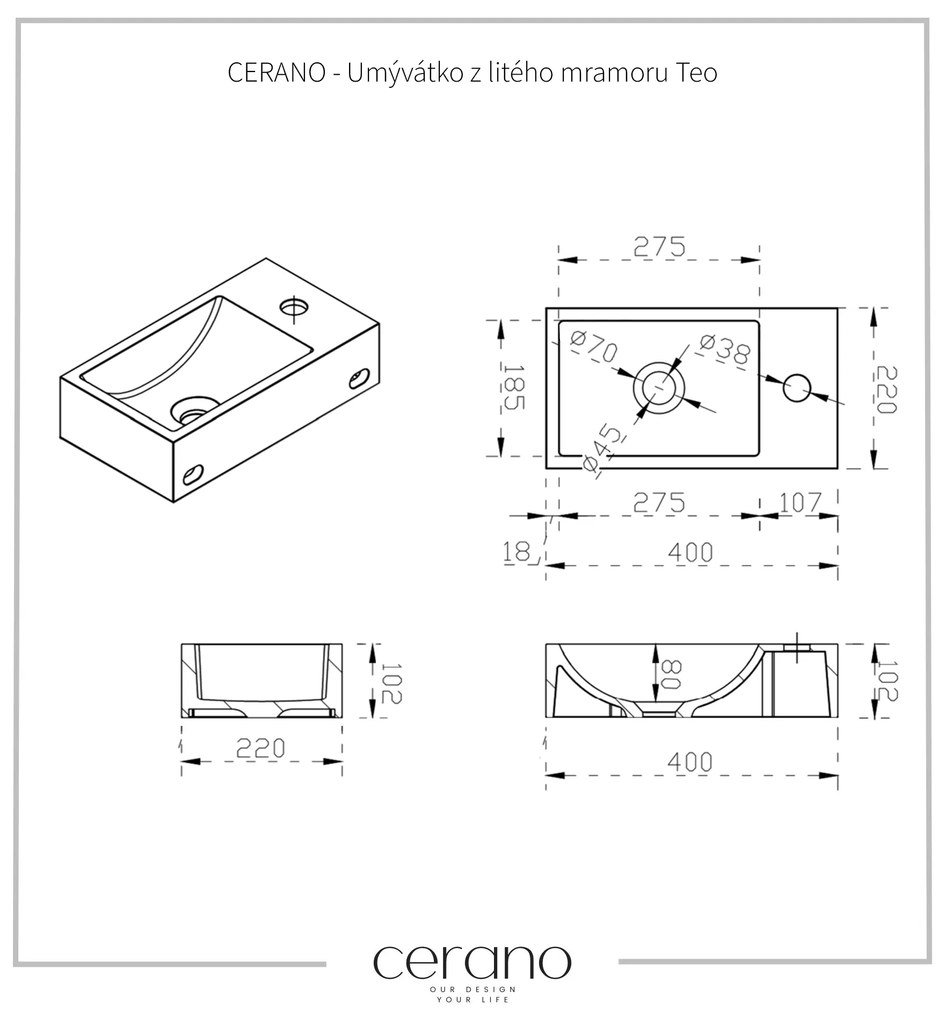 CERANO - Umývadlo z liateho mramoru Teo, závesné pravé - čierna matná - 40x22 cm, CER-CER-482707