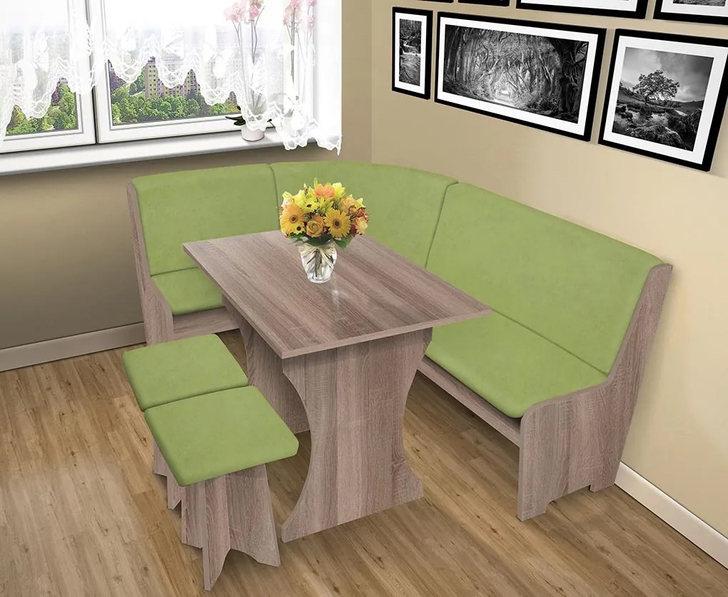 Nabytekmorava Jedálenská rohová lavica sa štokrlemi a stolom farba lamina: buk 381, čalúnenie vo farbe: Alova zelená