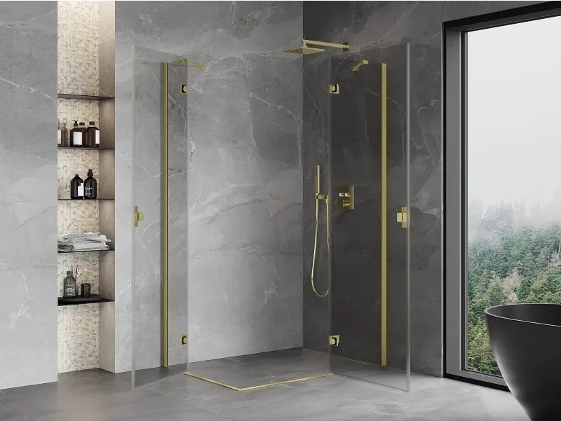 Mexen Mist-H Duo, 2-krídlový výklopný sprchový kút 85 x 115 cm, číre sklo, zlatý matný profil, 8A5-085L-115P-55-00