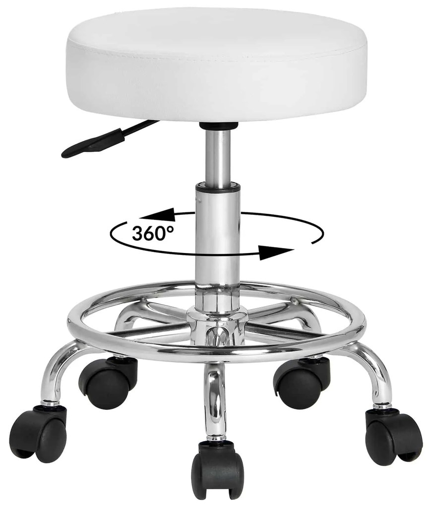 Casaria Taburetka na kolieskach, biela koženka, otočná 360°, opierka na nohy