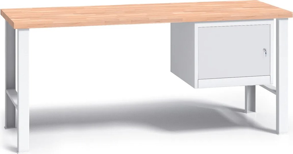 Pracovný stôl do dielne G3 so závesnou skrinkou na náradie, buková škárovka, pevné kovové nohy, 1700 mm, sivá