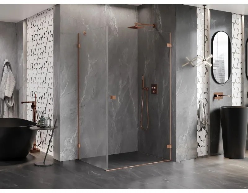 Mexen Lunar-B, pravostranný výklopný sprchový kút 75 x 70 cm, 8mm číre sklo, profil medená matná, 832-075-070-65-00-P