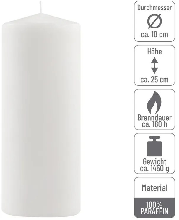 Sada stĺpových sviečok, 25 cm, Ø10 cm, biela, 4 ks
